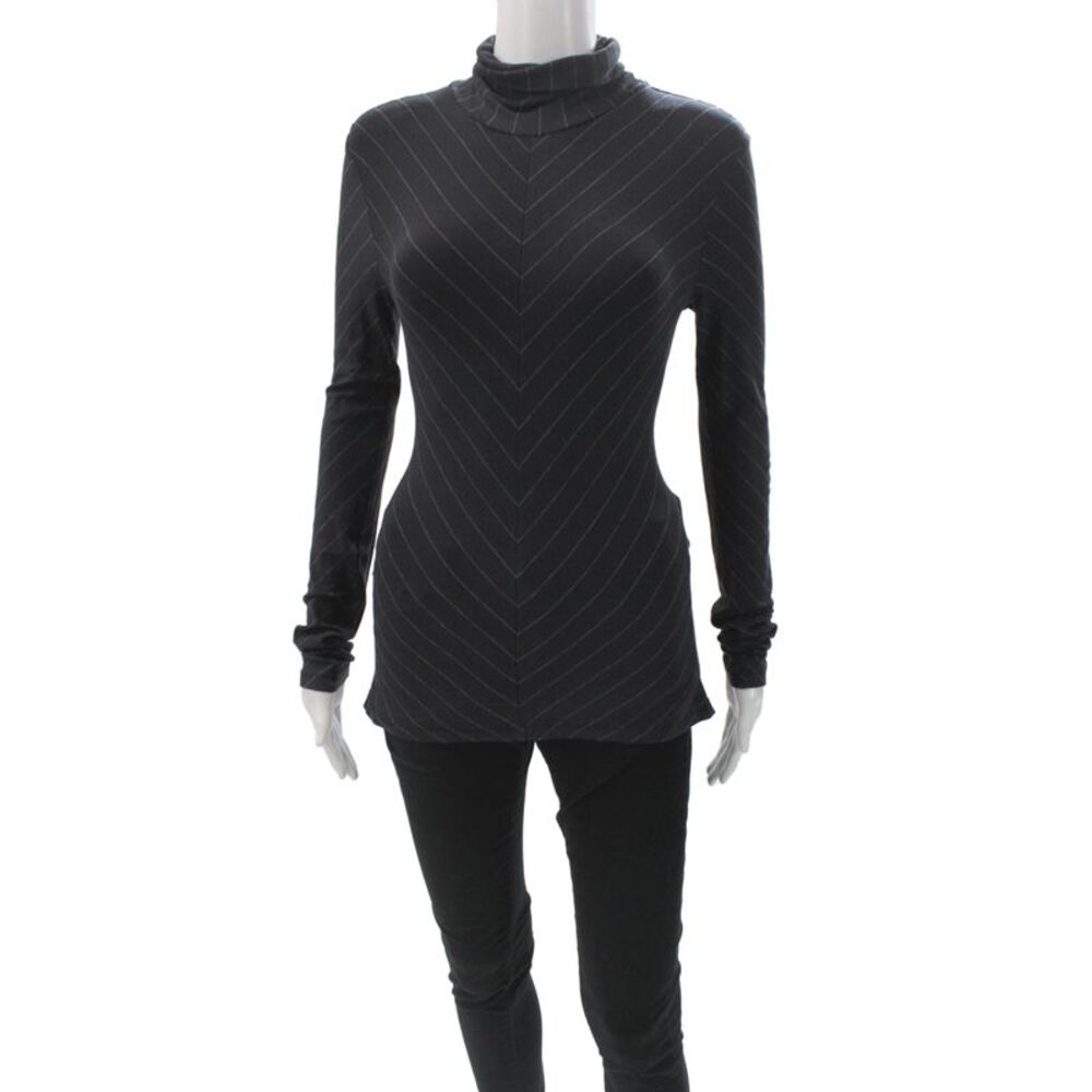 Chaiken Women Black Striped Turtleneck Tunic Blouse Long Sleeve Size M